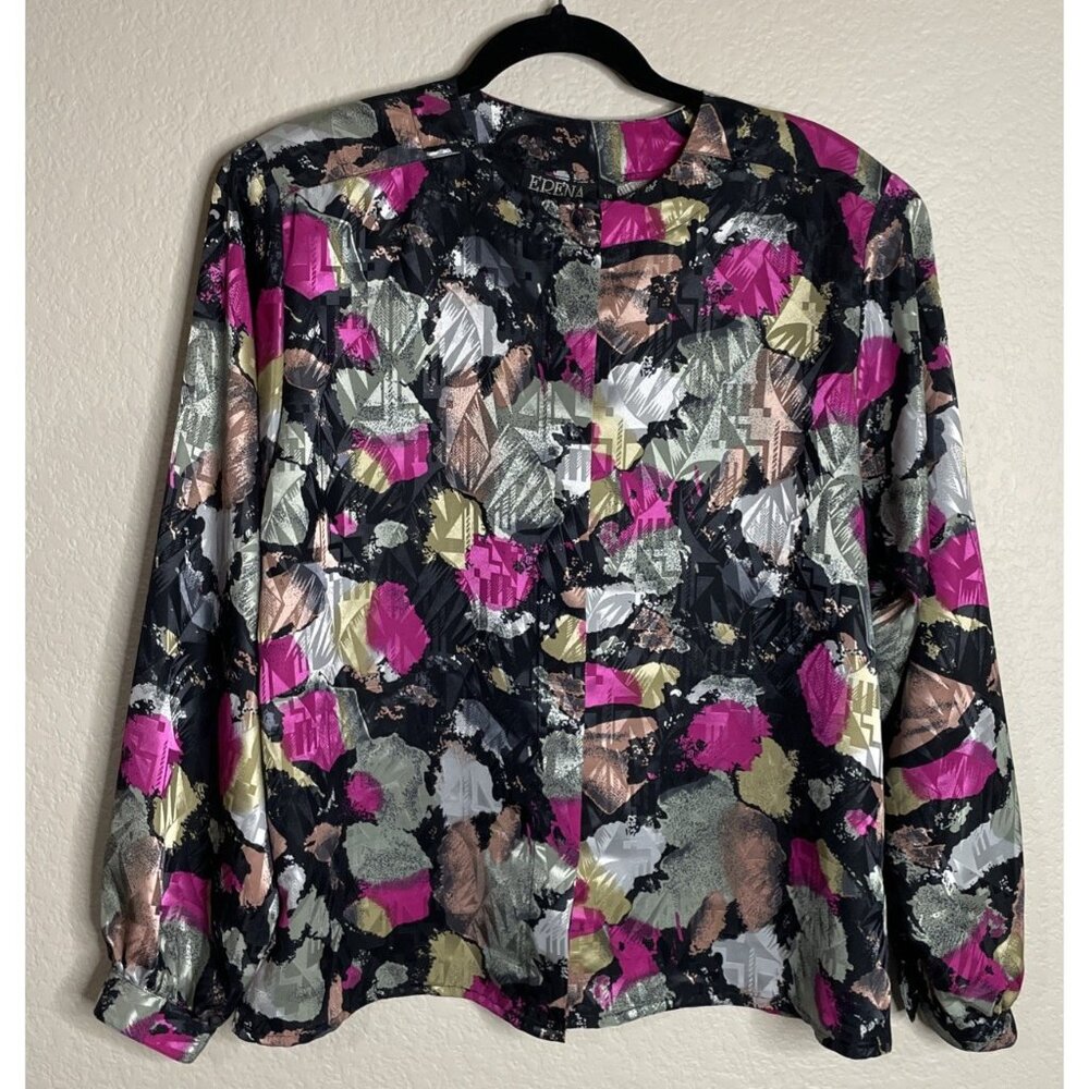 Vintage Womens Erena Size 12 Colorful‎ Geometric Button Top Blouse Disco Artsy